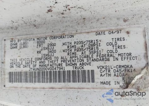 1997 Toyota T100 Dx V6 из США, поврежденный, VIN JT4UN22D0V0047941